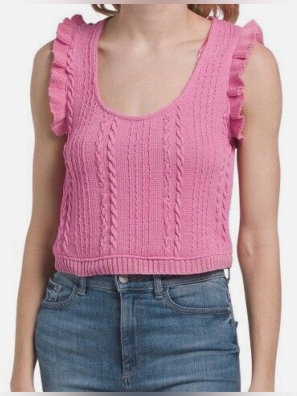 Zara Pink Cable Knit Ruffle Sleeveless Scoop Neck Top Size Small